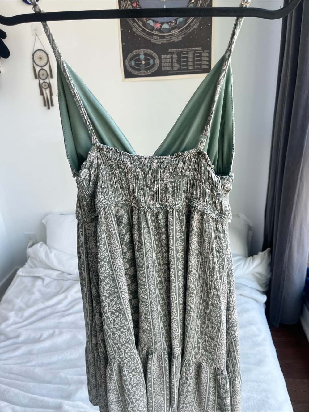 Olive Green and White Printed Mini Dress - Picture 2 of 3